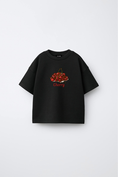 fasardi Дитяча футболка унісекс з вишневим принтом, оверсайз, короткими рукав...