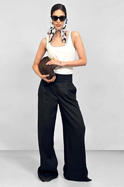 NİLİST Linen 100% Tailored Classic Cut Trousers - Black