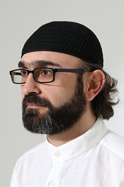 ihvan online Amber Knitted Prayer Cap, Knitted Motif Prayer Cap Black