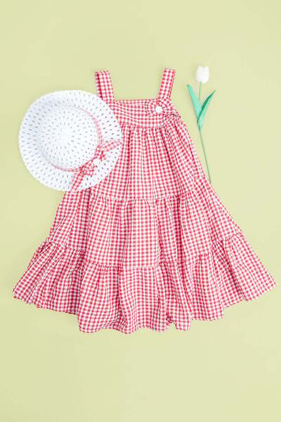 Fulla Moda Gingham Patterned Hat and Strap Girls' Dress