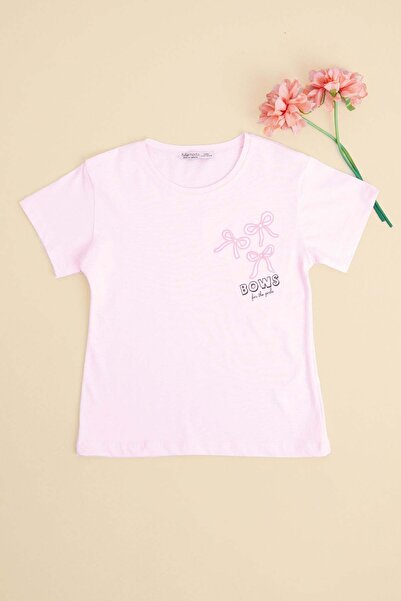 Fulla Moda Tricou pentru fete guler rotund cu broderie fundita