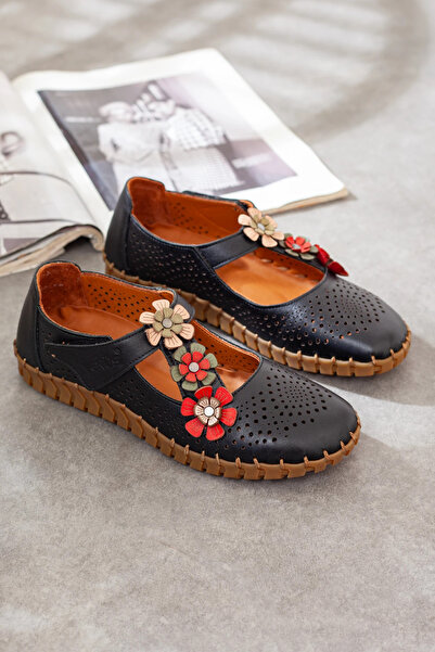 Adım Adım Venüs Genuine Leather Orthopedic Shoes with Floral Accessories