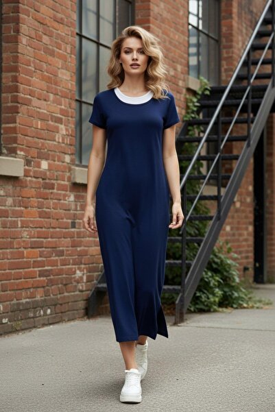 Mossta Rochie lungă din viscoză cu mâneci scurte și șliț lateral - Bleumarin