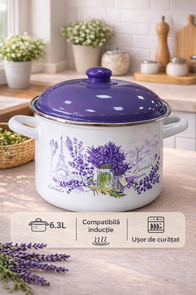Arian Enameled pot Lavender 22 cm, 6.3L, with lid, elegant floral pattern