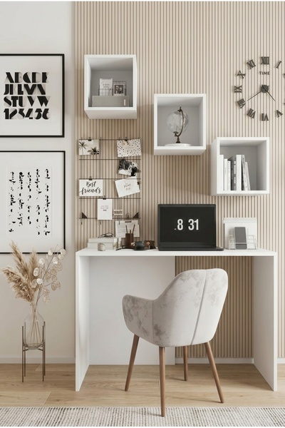 FOR WOMAN DESİGN Ahşap 3'lü Duvar Rafı Ve Çalışma Masası Modern Minimal Tasar...