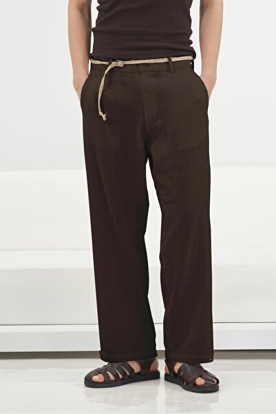 GIESTO Pantaloni din in maro cu curea din paie