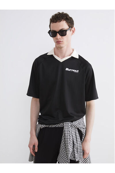 LC Waikiki Black oversize printed men's polo collar t-shirt from gulis clothing