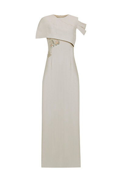 cercis Asimetrik Drapeli Beli İşlemeli Uzun Abiye Elbise