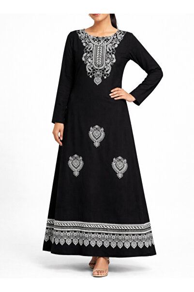 Yena Tekstil Black Printed Long Dress Ethnic Patterned Stylish Casual Dress