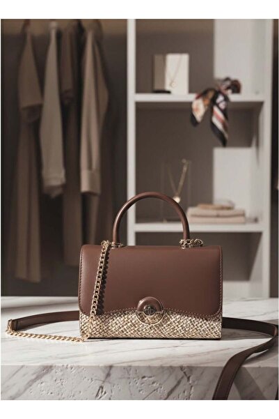 Fumes Coffee brown Women’s Handbag – Smooth Finish with Patterned Fabric Panel