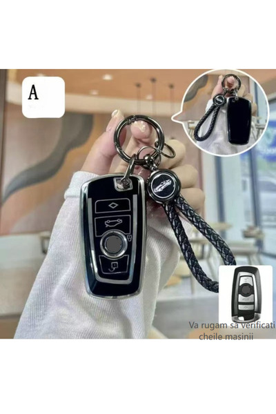 QGC Husa protectie pentru cheie auto, cu breloc de piele texturata, model uni...