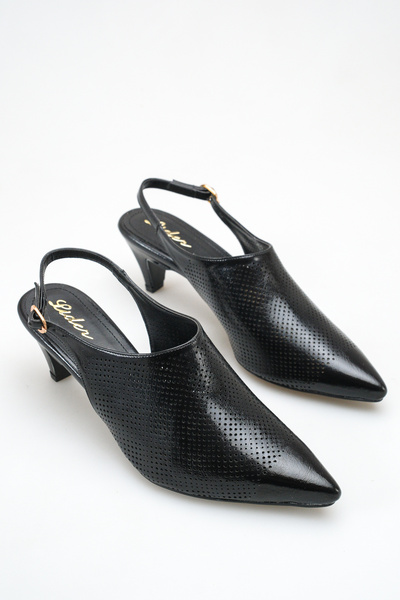 LDR Women's Black Patent Leather Perforated Low Heel Pointed Toe Open Back Shoes