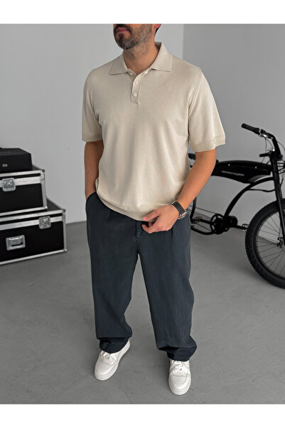 BYBASICMAN Tricou tricotat bej cu nasturi și guler polo TW-3349