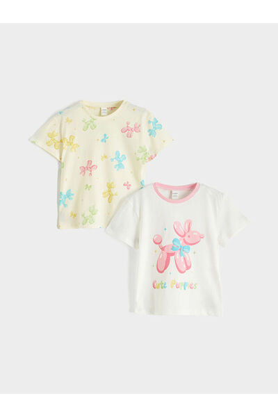 LC Waikiki Tricou pentru fete cu imprimeu ecru cu decolteu rotund, pachet de 2