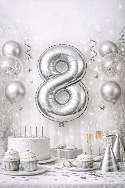 Happyewent Silver Number 8 Foil Balloon (40X100 cm) – Stylish Birthday & Part...