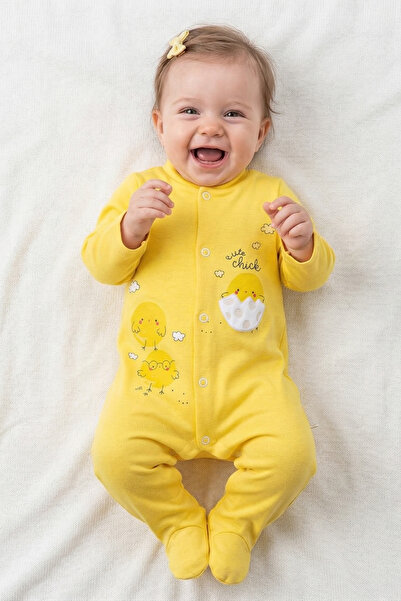 AyCaTa %100 Pamuklu Sarı Civciv Baskılı Patikli Bebek Tulum