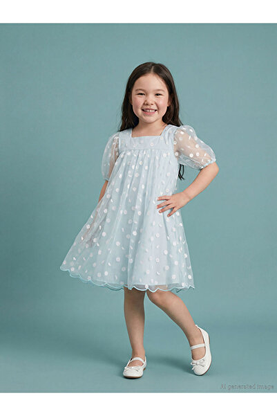 LC Waikiki Blue square neck daisy print girl's tulle dress