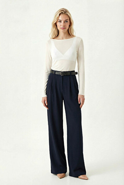 Lovelyİstanbul Belted Wide Leg Stretchy Knitted Trousers Lzv0045 Dark Blue