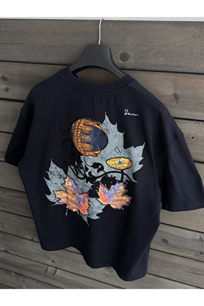 BYBASICMAN Navy Blue Leaf Patch Oversize T-Shirt Sw-5118