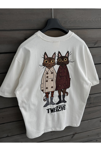 BYBASICMAN Біла футболка оверсайз з вишивкою кота на спині TW-1061