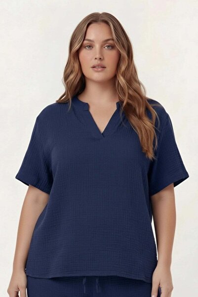 RMG Hakim Yaka Large Size Muslin Fabric Blouse Navy Blue