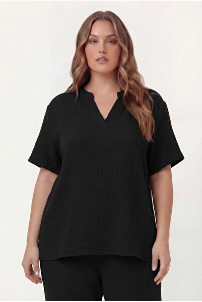 RMG Bluză din țesătură muselină cu guler Hakim, mărime mare, neagră