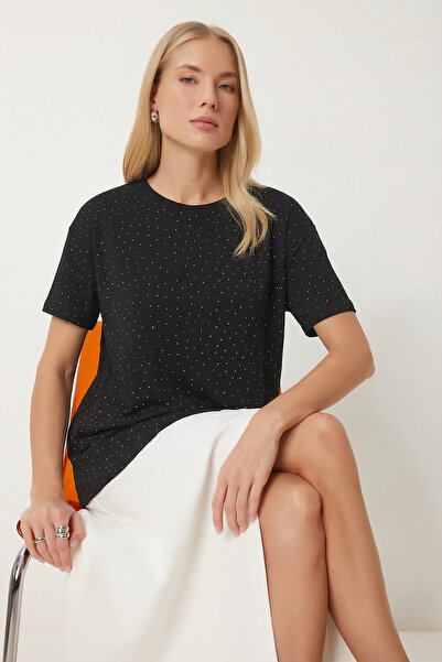 Lovelyİstanbul Πλεκτό μπλουζάκι με πέτρινη λεπτομέρεια LZV0059 ΜΑΥΡΟ