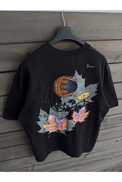 BYBASICMAN Tricou oversize cu aplicație frunză neagră SW-5118