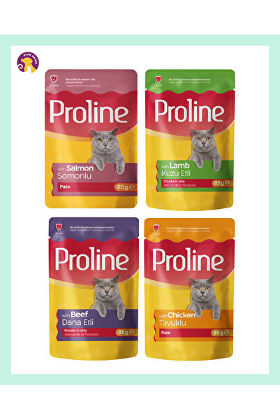 Proline Karışık Kedi Yaş Maması 4’lü Set 85 gr (Tavuklu, Somonlu , Dana Etli,...