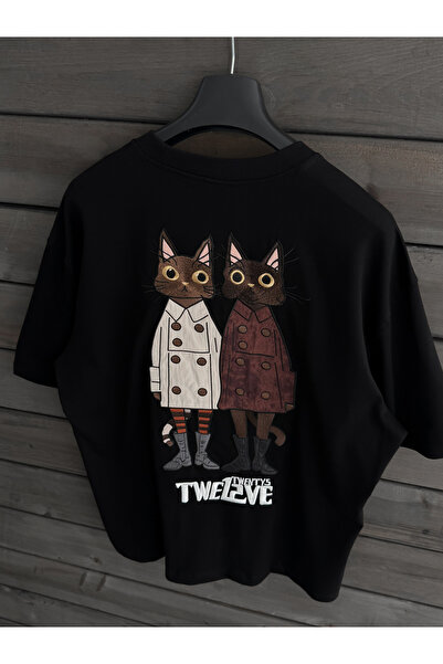 BYBASICMAN Tricou oversize negru cu broderie pisică pe spate TW-1061