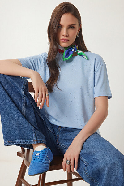 Lovelyİstanbul Taş Detaylı Örme T-shirt LZV0059 GÖK MAVİ