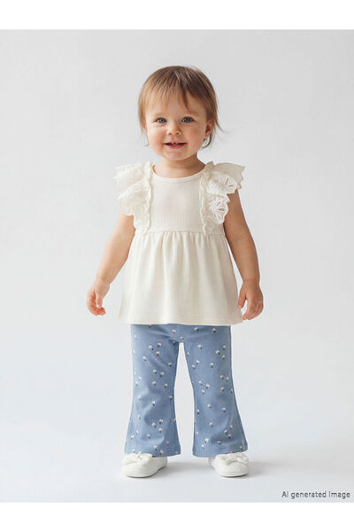 LC Waikiki Beige Ruffle Detail Floral Baby Girl Undershirt and Leggings