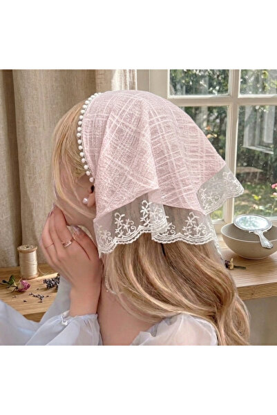 REBORN DESIGN Kareli Müslin Kumaş Çiçek ve Zincir Güpür Fırfır Detaylı Pembe ...