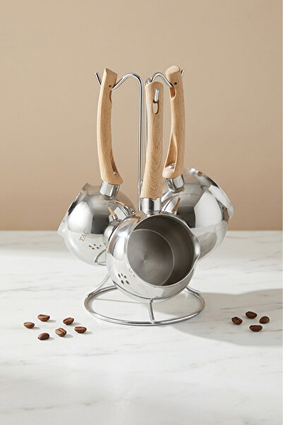 Taç 3-Piece Stainless Steel Coffee Pot Set – Stylish Design with Wooden Handle