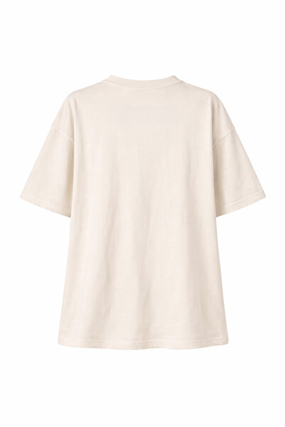 Amia&Co. Beige Oversize Crew Neck Black Polka Dot Printed Basic Women's T-Shirt