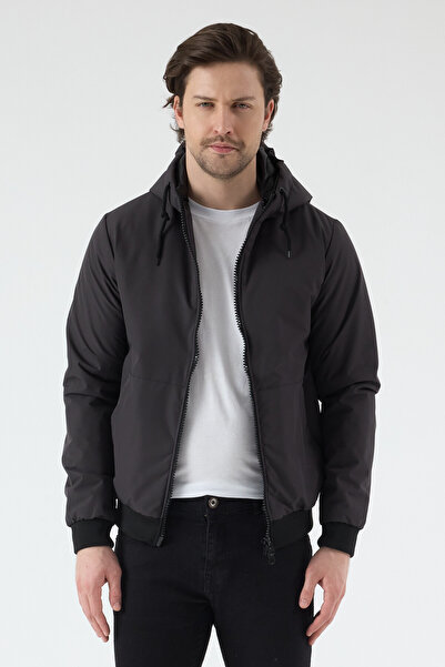 LEVEL HİGH Men's Hooded Anthracite Raincoat, Lightly Padded, Water-Resistant ...