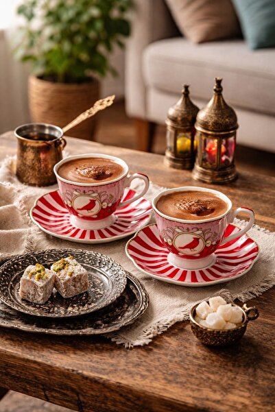 NEWNOW Set of 2 Elegant Red Patterned Turkish Coffee Cups – Stylish Porcelain...