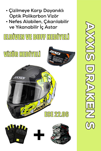 AXXIS Draken S Trooper D3 / Mat Flu Sarı Full Face Motosiklet Kaskı - İnterco...