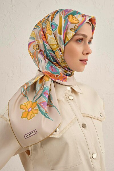 Armine Çiçek Desenli Saf İpek Twill Eşarp 9332D 07