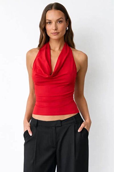 Cool & Sexy بلوزة نسائية قصيرة من قماش ساندي مزدوج الاستخدام باللون الأحمر