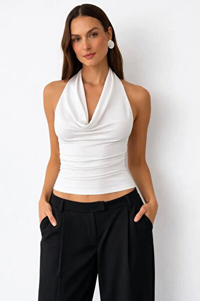 Cool & Sexy Bluză crop din țesătură Sandy cu dublă utilizare pentru femei, albă