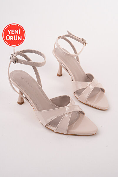 MARSHETTA Elzara Model Beige Patent Leather 7 cm Thin Heeled Ankle Buckle Wom...