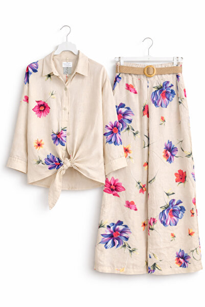 günay boutıque Beige Floral Patterned Linen Set