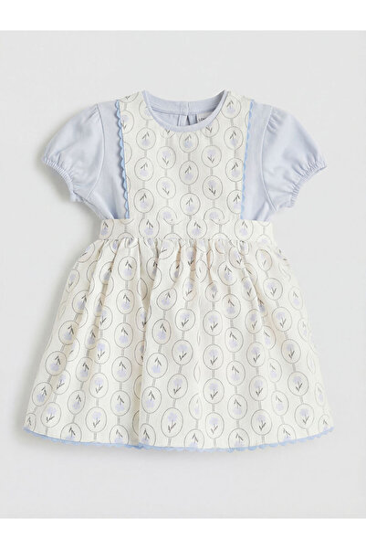 LC Waikiki Ekru Desenli Kız Bebek Poplin Elbise