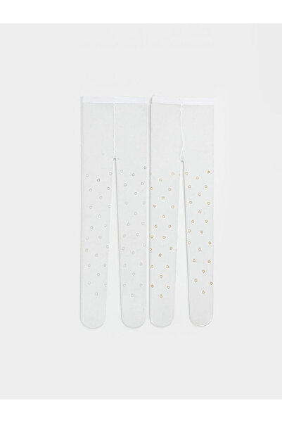 LC Waikiki Ecru Baby Girl Heart Printed Pantyhose 2-Pack