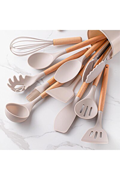 OEM Set of 12 kitchen utensils made of heat-resistant silicone and wooden han...