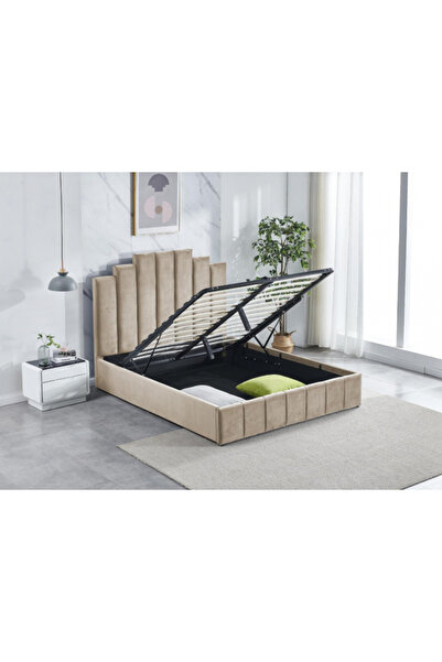 MarketMob Pat Cadiz 180x200 cm Lada Depozitare Tapitat Catifea Bej Somiera In...