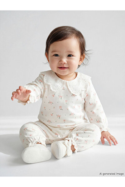 LC Waikiki Ekru Bebe Yaka Çiçekli Kız Bebek Tulum