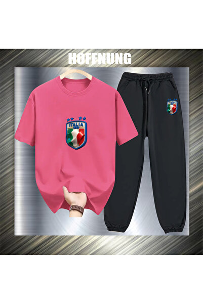 HOFFNUNG Unisex Casual Short Sleeve Set with Italian Logo Print Outdoor Sprin...