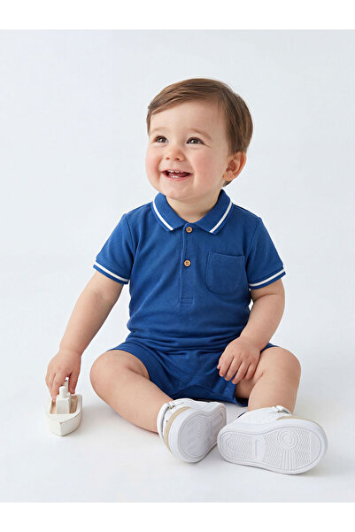 LC Waikiki Blue Polo Collar Baby Boy Jumpsuit